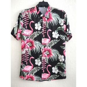 Men's Shirt-Hoooyi-Button Up-Short Sleeves-Tropical-Black Green-Flamingos-XL